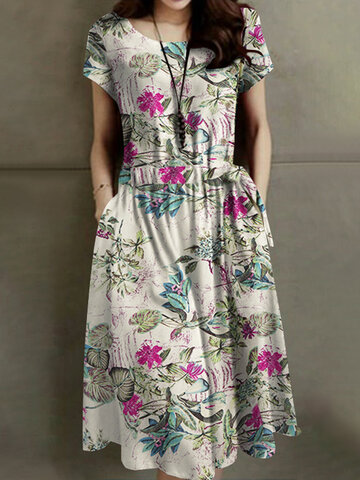 Flower Print Pocket Drawstring Dress