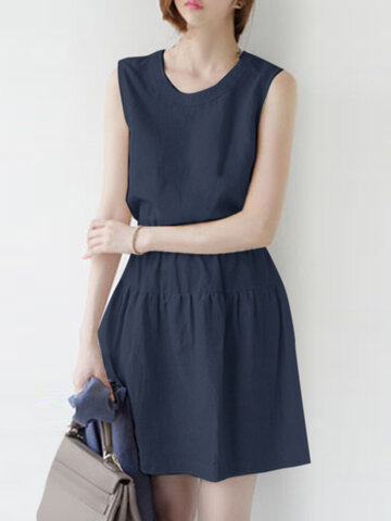 Solid Pleated Cotton Sleeveless Dress