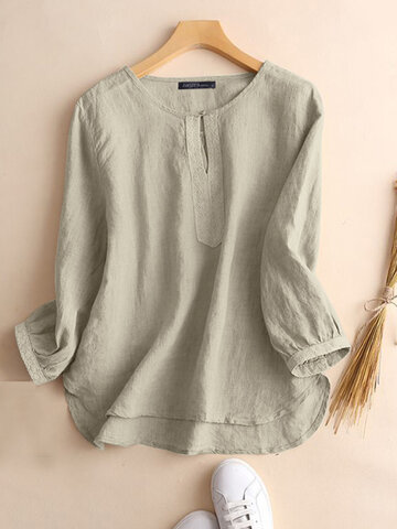 Solid Lace Trim Casual Blouse