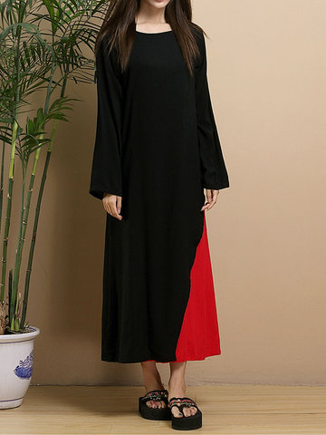 

O-NEWE Vintage Color Contrast Patchwork Long Sleeve Fake-Two Piece Maxi Dress, Navy red black