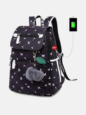 USB Charging Printed 15.6 Inch Laptop Pocket Fluffy Ball Large-capacity Backpack