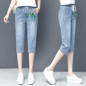 

Tencel Seven Points Jeans Women's Ultra-thin Season New Large Size Elastic Waist Loose Straight High Waist Pants