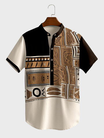 Tribal Pattern Patchwork Henley Shirts