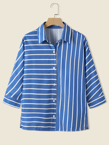 Stripe Print Slit Hem Shirt