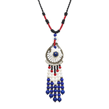 Frauen ethnische Halskette Quaste Perlen Blume Retro Halskette