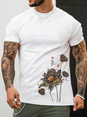 Chinese Style Lotus Print T-Shirts