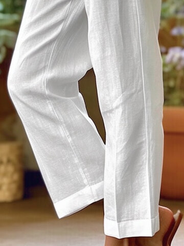 Solid Cotton Straight Cropped Pants