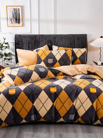 4PCS Warm And Plus Thick Velvet Print Bear Geometric Pattern Bedding Sets Quilt Cover Bedspread Sheet Pillowcase