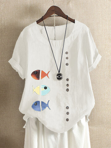 Fish Print Button Summer T-shirt