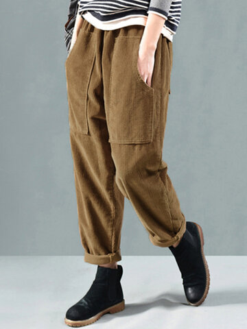 Pantalon en velours côtelé à taille élastique avec poches