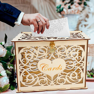 تحية الزفاف بطاقة صندوق خشبي لتزيين حفلات أعياد الميلاد مع قفل