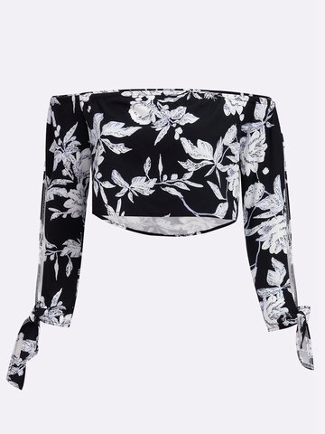Sexy Floral Print Off-shoulder Slit Long Sleeve Women T-shirt