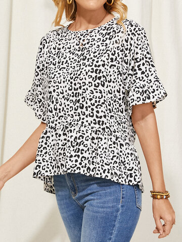 Leopard Print Ruffle Casual T-shirt