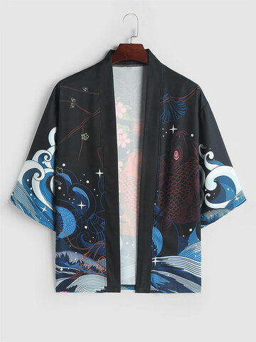 Japanese Wave Carp Print Kimono
