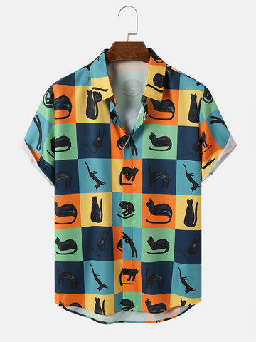 Cat Color Block Print Shirts