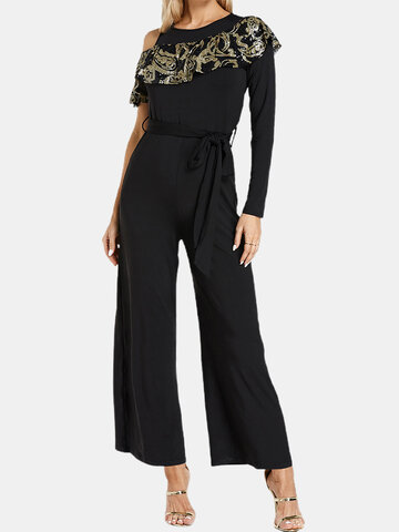 Sequin Ruffle Knitted Casual Jumpsuit