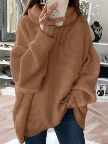 Solid Color Lantern Sleeves Sweater
