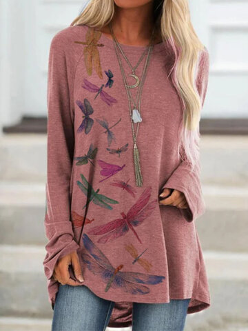 Long Sleeve O-neck Casual Blouse For Women Dragonflies Print