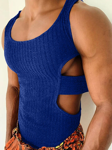 Mens Solid Sexy Side Hollow Knitted Pit Striped Tank Top