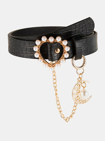 Women Pearl Buckle Star-shaped Black Belt Chain Decoration Belt