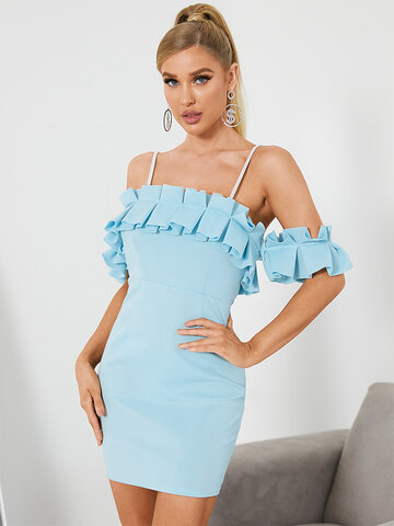 Solid Ruffle Backless Strap Dress