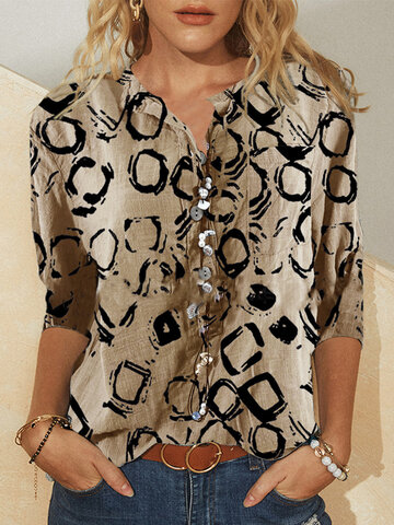 Vintage Printed Stand Collar Blouse