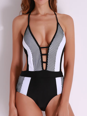 

Sexy Patchwork Cut Out Halter Backless Monokini Hollow Bodysuit, Black