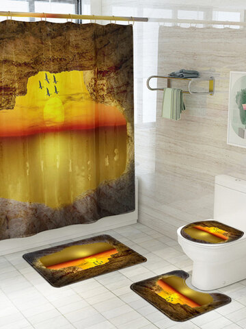 Toalete estampado com cenário romântico de quatro peças Big Ocean Banheiro Conjunto de 4 peças com tapete