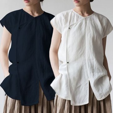 Retro Women's Linen Short-sleeved Clothing Hem Party Shirt Season Casual Shirt Button Female