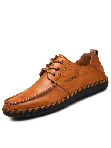 Men Hand Stitching Non Slip Casual Flat Leather Shoes