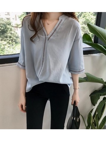 

Women's Clothing New Retro Embroidery Short-sleeved Shirt Women Loose Thin Chic Shirt Bf Han Fan Lining