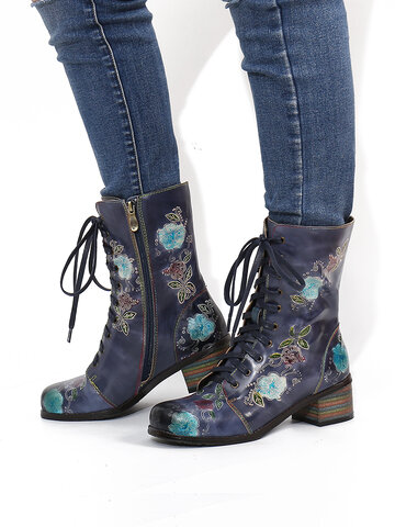SOCOFY Elegant Printed Leather Short Boots