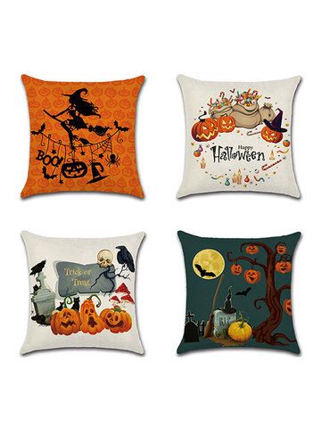 Cartoon Halloween Witches Pumpkin Linen Cushion Cover
