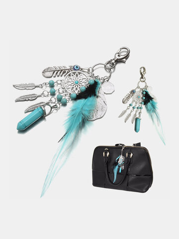 Bohemian Turquoise Tassel Feathers Gossip Palm Keychain