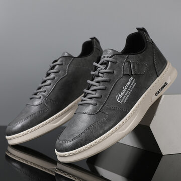 Men Brief Slip Resistant Lace Up PU Leather Casual Skate Shoes