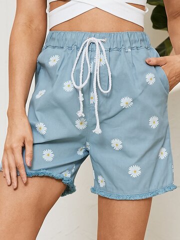 Daisy Flower Print Tassel Denim Shorts
