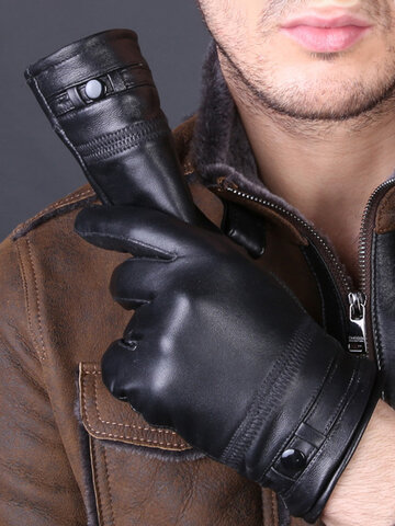 Men Sheepskin Solid Plus Velvet Gloves