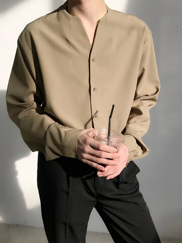 Top masculino casual de manga comprida com botões Camisa