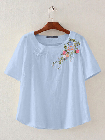 Floral Embroidery Dish O-neck T-shirt