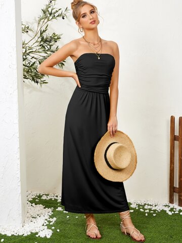Solid Folds Backless Maxi Dress