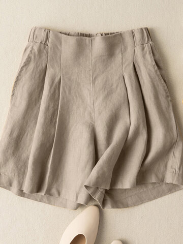Shorts de algodão casuais de bolso com pregas sólidas
