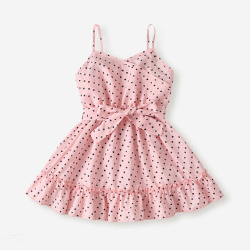 Girl's Bowknot Dot Print Slip Dress For 2-8Y