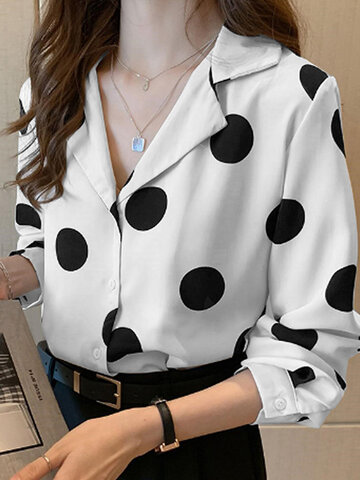 Dot Print Lapel Button Shirt