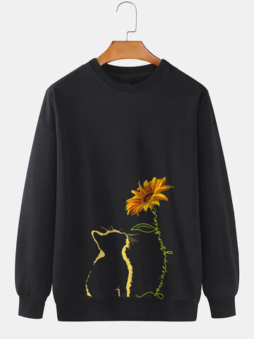 Cat Sunflower Print Sweatshirts