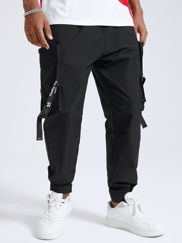 Men Black Ribbon Design Drawstring Waist Cargo Pants