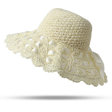 Bow Foldable Sunscreen Bucket Straw Hat 
