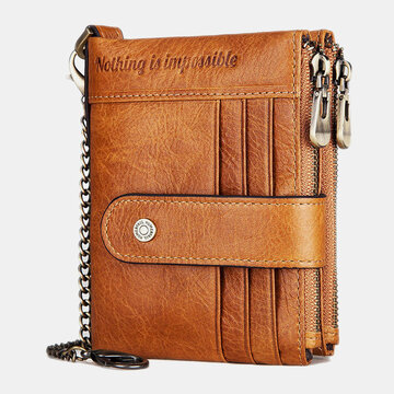 Genuine Leather RFID Chains Multi-slots Retro Large Capacity Foldable Card Holder Coin Wallet