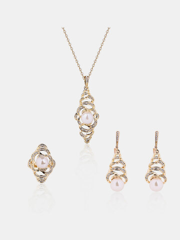 Trendy Jewelry Set Pearl Rhinestone Special Earrings Ring Necklace Set