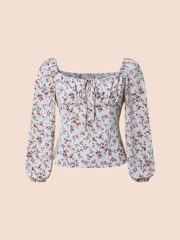 Floral Print Tie Front Shirred Blouse