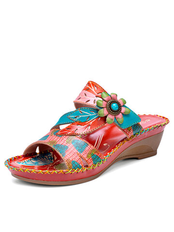 Socofy Flowers & Leaves Decor Wedges Sandals